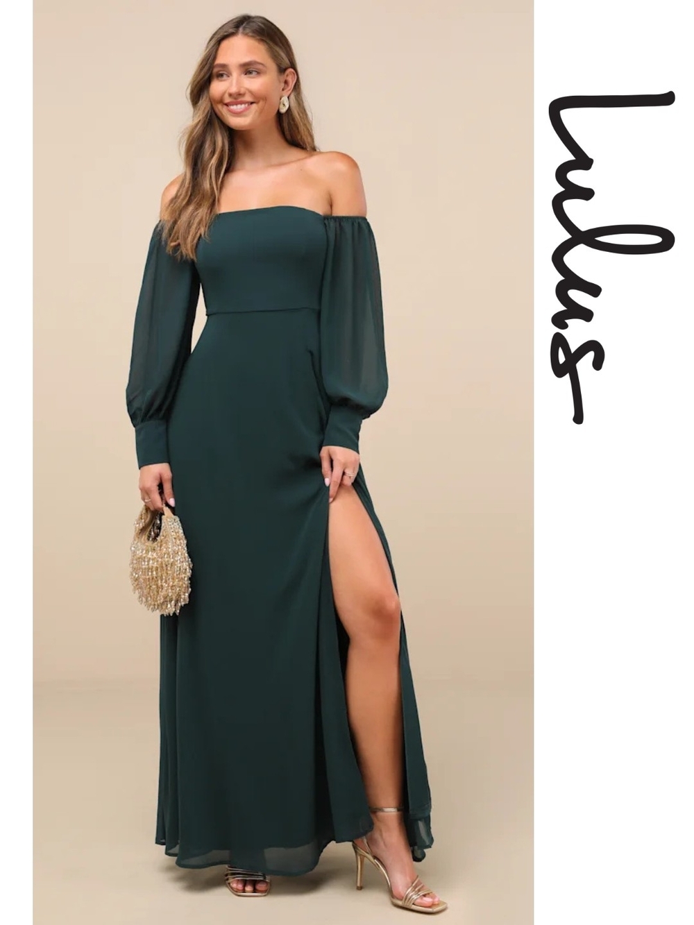 Lulu's - Feel the Romance Emerald Green Off-the-Shoulder Maxi Dress